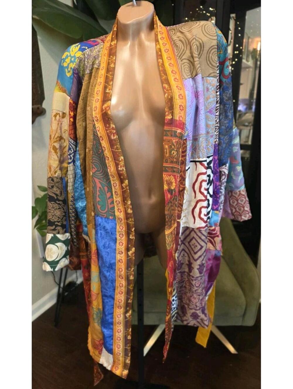 Vtg 100% Silk Patchwork Kimono Robe Indian Sari Boho Handmade Festival Hippie OS